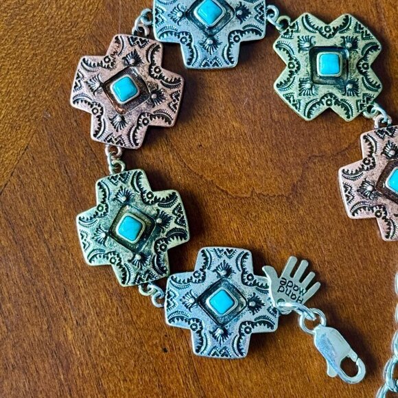 Faux Turquoise and Silver Tone Concho Chain Bracelet #1439 - Picture 3 of 6